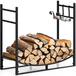 COSTWAY Indoor Log Rack with 2 Removable Hooks, for Firewood, 84 x 33 x 76 CM, Load 50 KG, Iron Frame